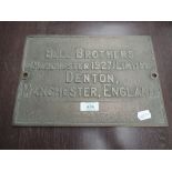 A Bell Brothers Manchester 1927 Ltd Denton, Manchester, England metal Works plaque, 30cm x 20cm