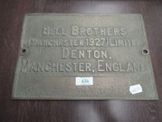 A Bell Brothers Manchester 1927 Ltd Denton, Manchester, England metal Works plaque, 30cm x 20cm