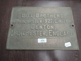 A Bell Brothers Manchester 1927 Ltd Denton, Manchester, England metal Works plaque, 30cm x 20cm