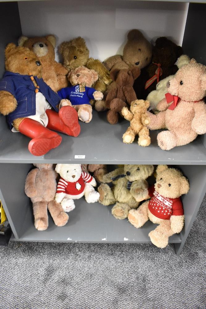 Two shelves of mainly modern Teddy Bears including Paddington, Barton Grange 2015 & 2017. TY etc