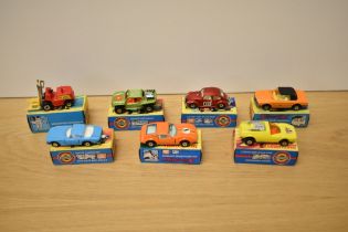 Seven 197072 Matchbox die-casts, No1 Mod Rod, No3 Montevdi Hai, No6 Mercedes 350SL, No13 Baja Buggy,