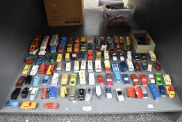 A shelf of playworn die-casts, Matchbox, Dinky, Lesney etc, most in good condition with little