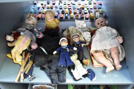 A shelf of mixed vintage Dolls and Puppets including two Norah Wellings Sailors, Pelham Wolf &