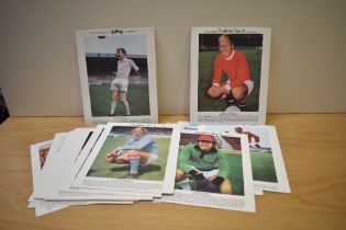 Nineteen Ty-Phoo Tea Ltd Football cards, A4 size including Gordon Banks, Bobby Charlton, Mike