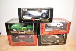 Five 1:18 scale diecasts, Burago Alfa Romeo, Chevrolet and Ferrari, Mira Ford Mustang and