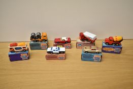 Seven 1974-82 Matchbox die-casts, No10 Plymouth Police Car, No11 Car Transporter, No14 Petrol