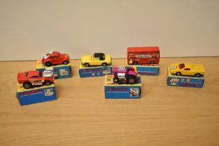 Six 1970-72 Matchbox die-casts, No6 Mercedes 350SL, No17 The Londoner, No25 Mod Tractor, No26 Big