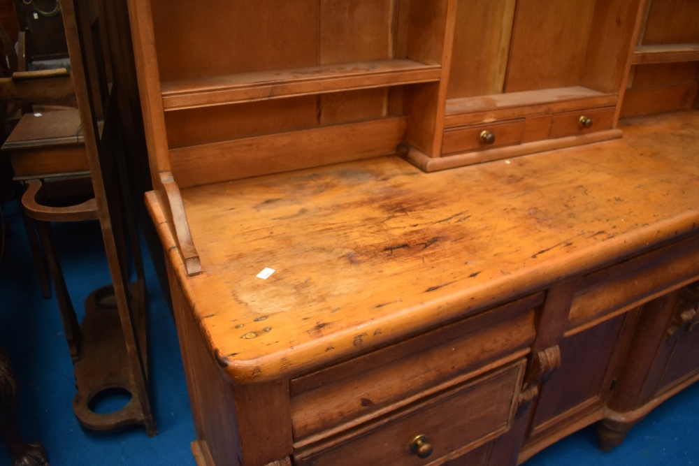 A Victorian and later pine dresser , having cupboard base and open delft rack, approx dimensions - Image 2 of 3