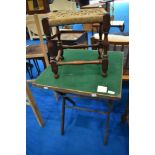 A vintage card table approx 55 x 55cm and a strung stool