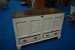 A period oak kist having later shabby chic painted decoration , with two drawers to base, dimensions