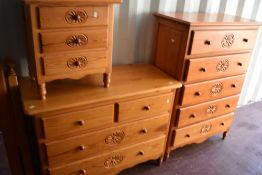 A selection of pine bedroom furniture comprising five drawer chest (W90 D45 H127), two over two
