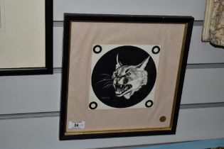 Hiroyuki 20th Century scraper board 'bobcat bust' signed and dated 78, mounted framed and glazed