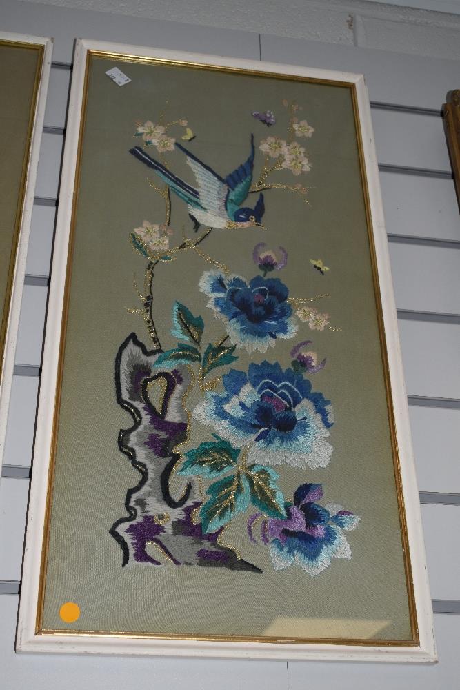 Two mid-century polychrome needlework pictures of Oriental design depicting perched birds and - Image 2 of 2