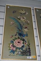 Two mid-century polychrome needlework pictures of Oriental design depicting perched birds and