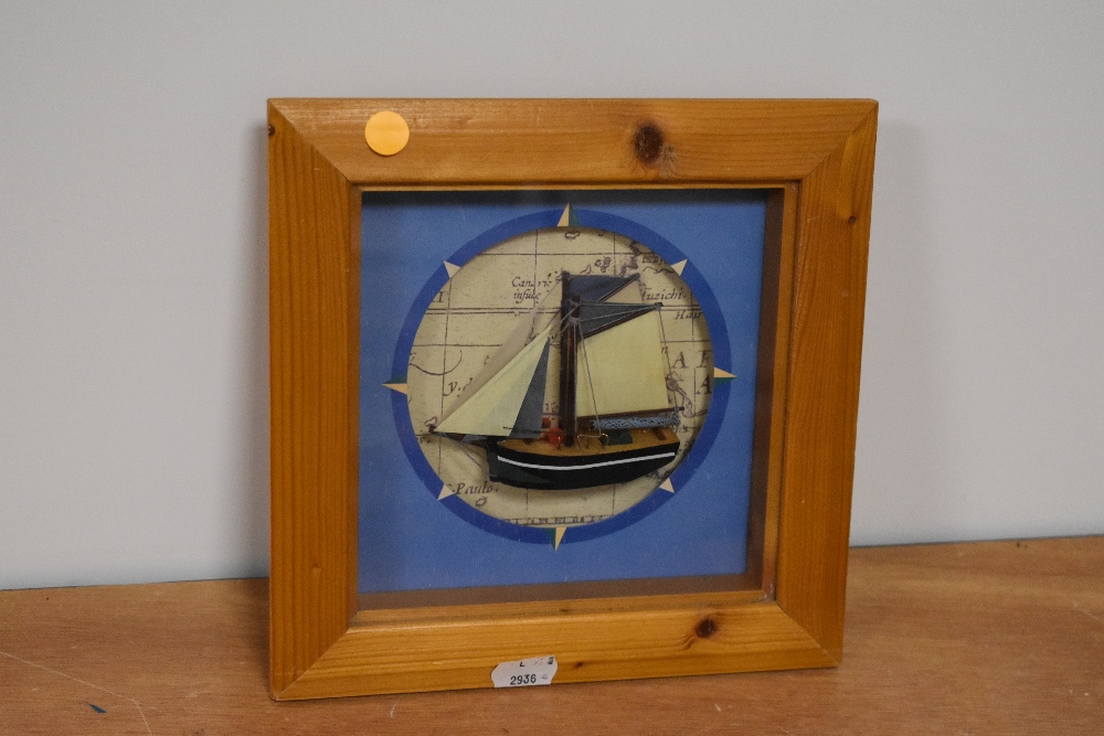 A decorative nautical themed box frame display, with small central half model boat, knot examples - Image 3 of 5