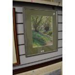 Jill Draper DIP AD polychrome embroidery, Woodland Path in Spring, mounted framed and glazed 47cm