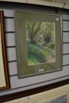 Jill Draper DIP AD polychrome embroidery, Woodland Path in Spring, mounted framed and glazed 47cm