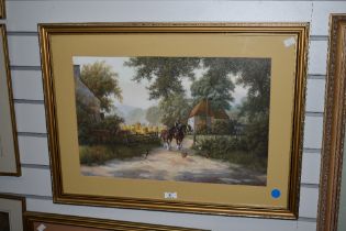 After Spencer Coleman (contemporary) colour print, bygone agricultural scene with figure and horses,