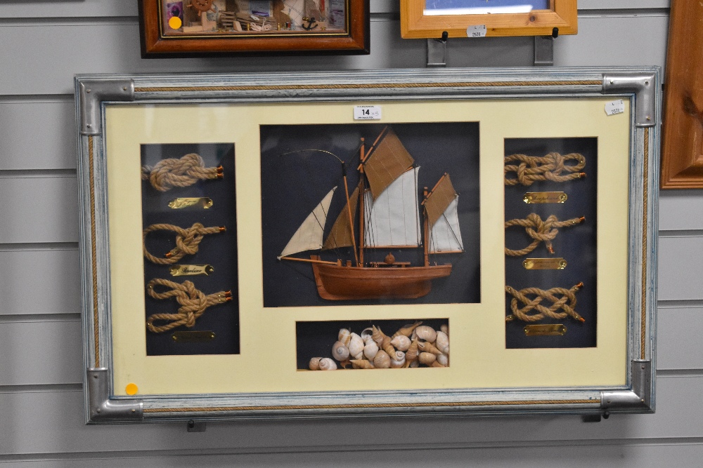 A decorative nautical themed box frame display, with small central half model boat, knot examples - Image 5 of 5