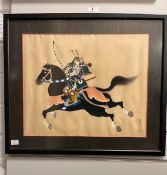 A Samuri Warrior painted onto silk, mounted framed and glazed 55.5cm x 48cm