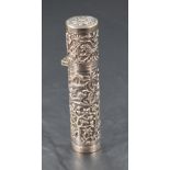 A late 19th/early 20th century Indian or Burmese white metal bodkin holder or etui, of cylindrical