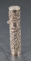 A late 19th/early 20th century Indian or Burmese white metal bodkin holder or etui, of cylindrical