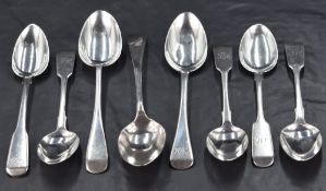 A group of four Victorian silver fiddle pattern teaspoons, engraved with initials JJR and carrying