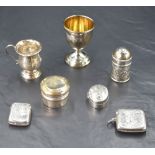 A group of miscellaneous silver items, comprising two vesta cases, pepperette, oval pill box,