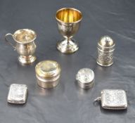 A group of miscellaneous silver items, comprising two vesta cases, pepperette, oval pill box,