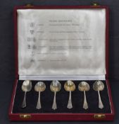 A cased set of six Queen Elizabeth silver teaspoons, having tapering and pointed terminals, each