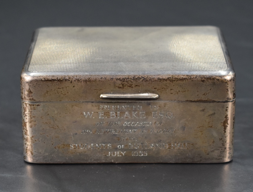 An early Queen Elizabeth II silver cigarette box, of hinged rectangular form with engine-turned - Image 3 of 4