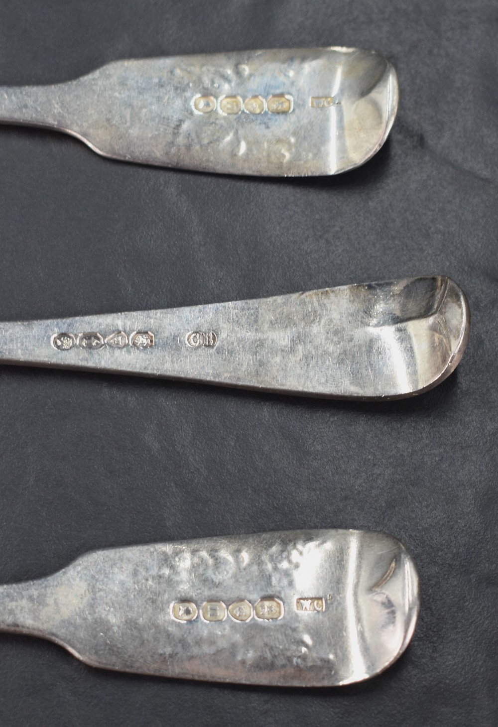 Three 19th century silver berry spoons, two in the fiddle pattern having marks for London 1828, - Image 3 of 3