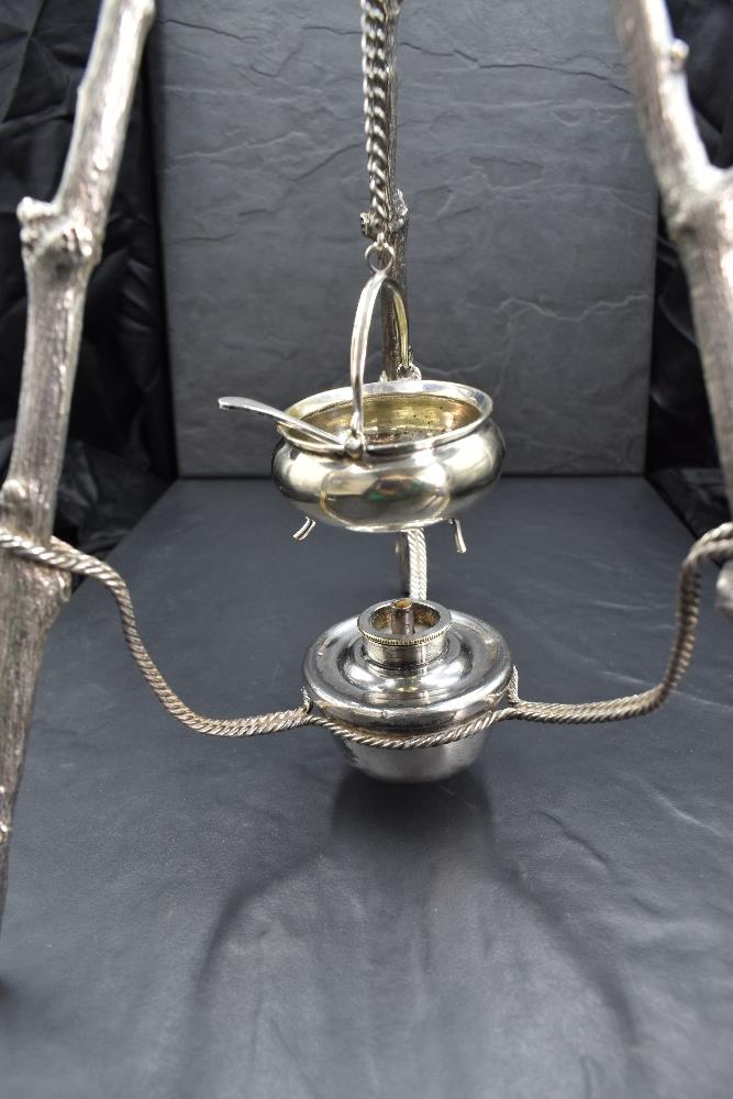 An unusual Victorian silver-plated spirit burner, formed as a rustic cooking tripod with the three - Image 2 of 3