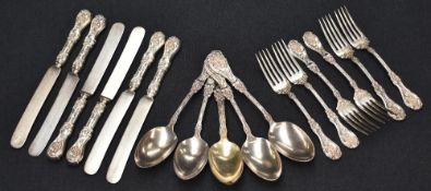 A selection of Rogers A1 plated flatware and cutlery, comprising six steel bladed knives, six