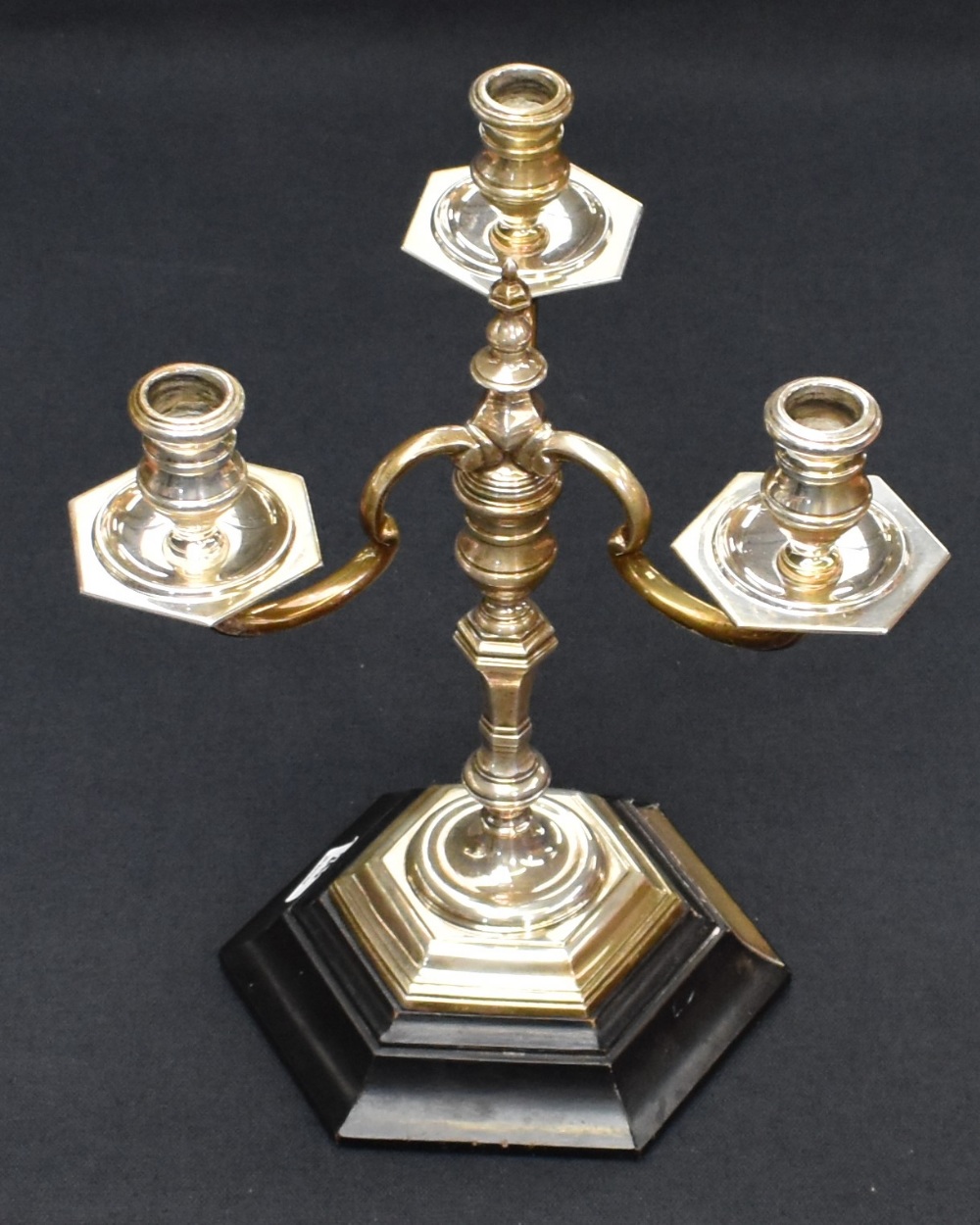 An impressive early Queen Elizabeth II silver three-branch candlestick, of turned and hexagonal - Image 2 of 4