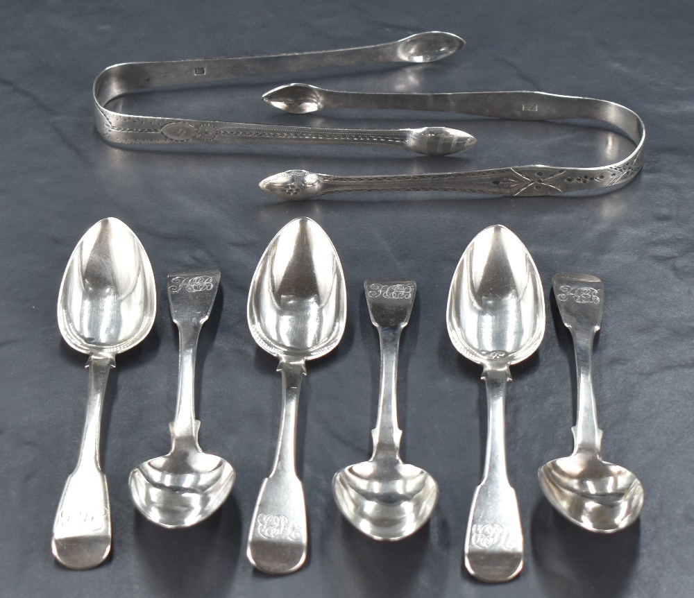 A set of six George IV silver fiddle pattern teaspoons, engraved with initials HB to terminals,