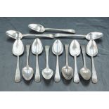 Two sets of six George III silver bright-cut Old English pattern teaspoons, the first engraved