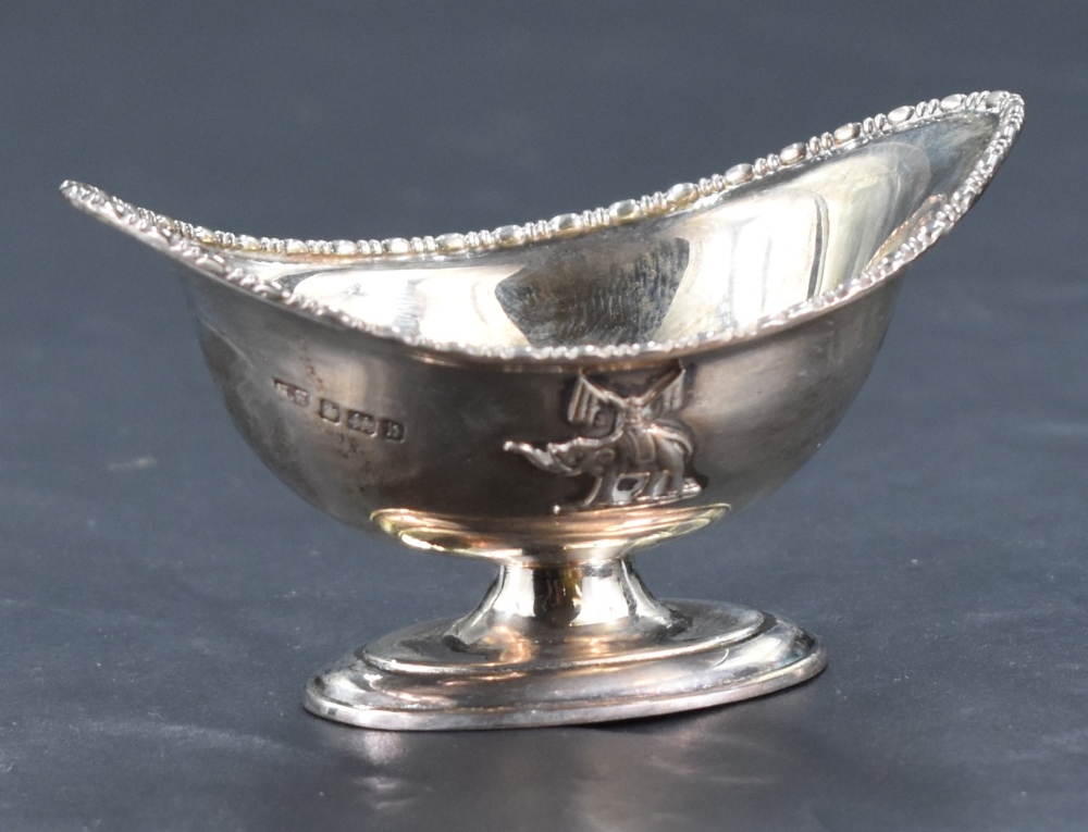 Two early 20th century silver navette shaped pedestal condiment dishes, having beaded rims and - Image 2 of 2