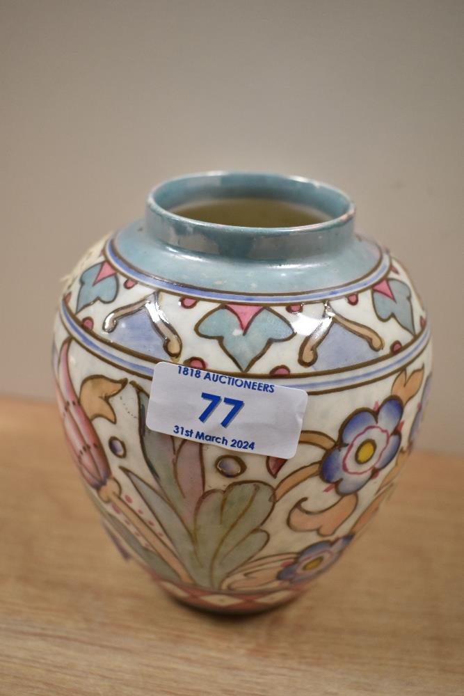 An Art Deco Charlotte Rhead vase, of bulbous form, designed for Bursley Ware, measuring 14cm tall