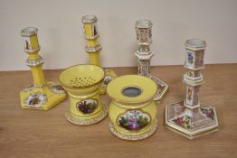A small collection of 19th Century continental porcelain, of Berlin style and against a yellow