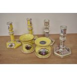 A small collection of 19th Century continental porcelain, of Berlin style and against a yellow