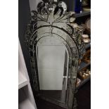 A 20th Century Venetian style etched and bevelled glass overmantle pier glass/ mirror, of arched
