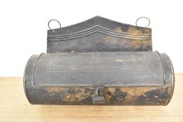 A Victorian japanned metal candle box, measuring 26cm long