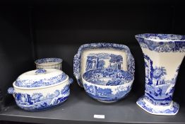 A Spode blue and white flared and footed vase, measuring 27cm tall, together with a small collection