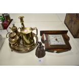 A collection of brass, a bell in the form of a lady and a 1930s barometer, including interesting