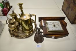 A collection of brass, a bell in the form of a lady and a 1930s barometer, including interesting
