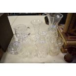 A collection of glass, including cut glass vases, jug, tumblers etc.