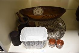 A miscellany of items, to include wire egg basket, ceramic jelly of pie mould, leather beer cups,