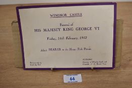 A printed invitation to the funeral of His Majesty King George VI, dated Friday 15th February 1952
