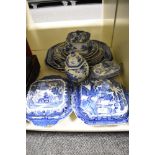 A selection of antique blue and white platters, of graduating sizes, also included are tureens and a